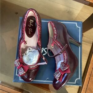 New Ruby Shoo Style Vintage Women's Burgundy Heels with Bow Detail